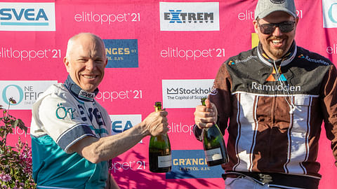 Örjan Kihlström ja Daniel Redén juhlivat Don Fanuccin Zetin Elitloppet-voittoa 2021.