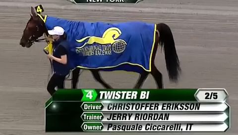 Twister Bi ja hoitaja Heli Tarrimaa pyörähtelivät voittoseremonioissa Yonkersin etusuoralla. (Empire City Casino livestream)