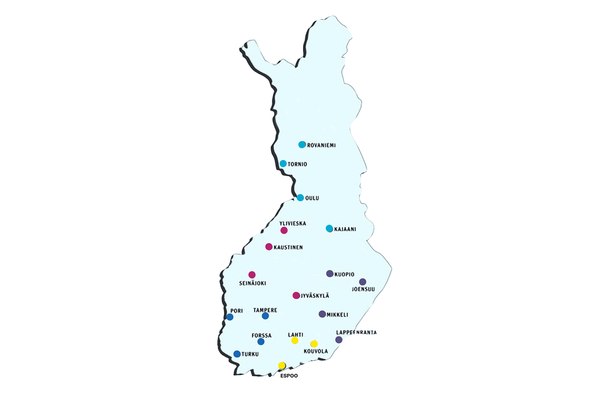 Maakuntaradat Suomen kartalla alueittain, kunkin alueen radat samalla värillä merkittynä.  