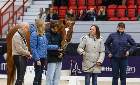 Celtas Quillian Horse Show'ssa viime lokakuussa.  Vasemmalla kasvattaja Anja Lönnholts, Sani ja Jone Illi, Celtas Quillian, Sonja Kaakko ja Sanna Illi. 