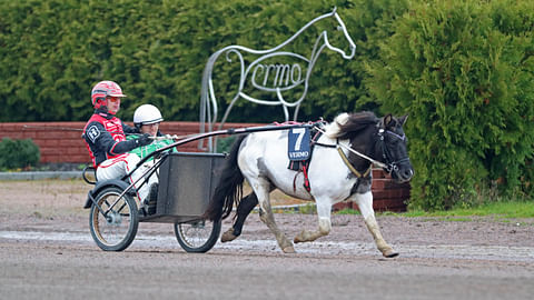 Paraponilähdön ykköset Jive, vihreätakkinen Eetu Fossi ja apuohjastaja Santtu Raitala.