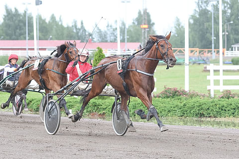 Toisen kerran Night Sky Eaglea ohjastanut Elina Leinonen sai myös tuulettaa toistamiseen tamman voiton merkiksi.