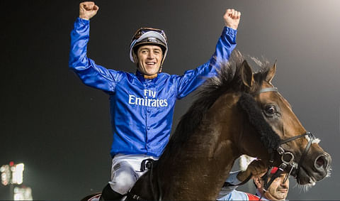 Ranskan ykkösjockey Christophe Soumillon lähtee puolustamaan viime vuotista voittoaan Thunder Snow'lla Dubai World Cupissa. Kuva: Meydan Racing Club