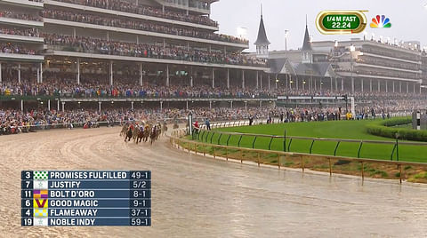 Churchill Downsin katsomosta seurattiin lauantaina sateessa Justifyn ja Mike Smithin voittoa Kentucky Derbyssä. Kuva NBC Sportin video.