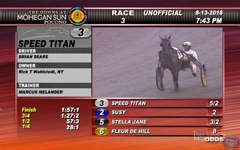 Puoliksi suomalaisten omistama tamma Speed Titan esiteltiin voittajana Poconossa. Kuva Poconon live stream