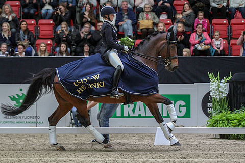 Emma Kanerva on kahdella GP-hevosellaan EM-joukkueen kantavia voimia. Kuvassa Dambacu NL.
