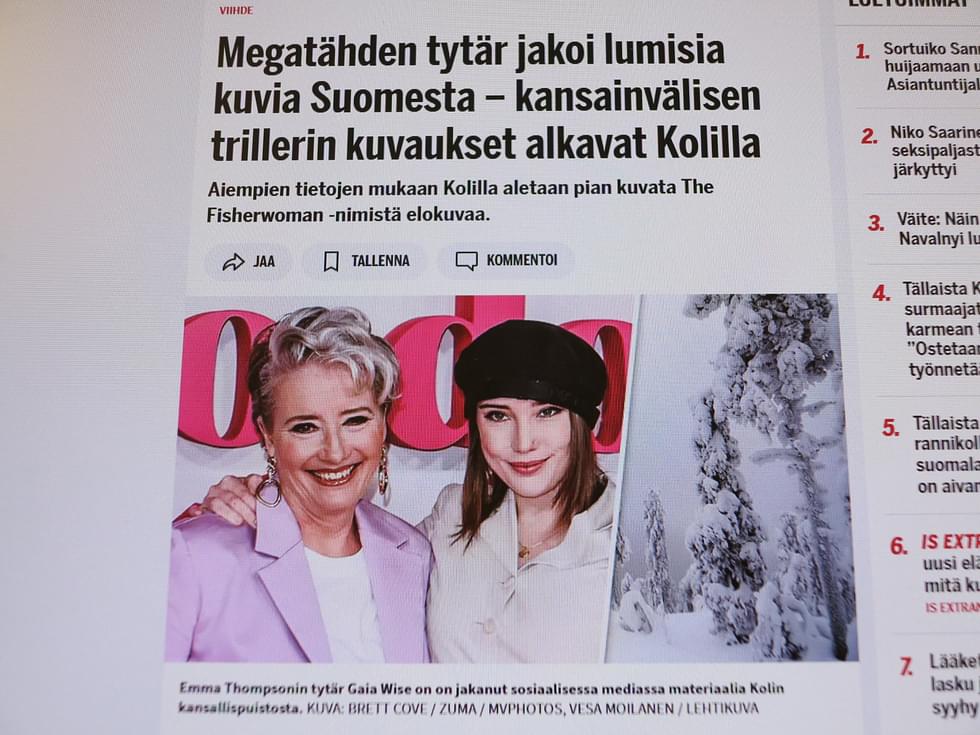 Ilta-Sanomat uutisoi näyttävästi Kolilla alkavista The Fisherwoman-elokuvausten kuvauksista.