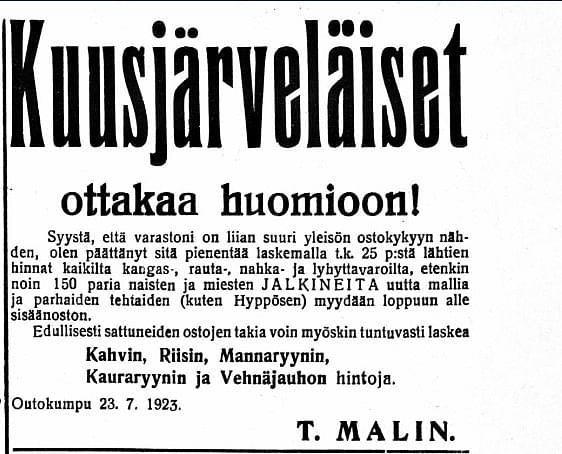 Malin ilmoittaa hintojensa alennuksista. Sanomalehti Karjalainen 26.7.1923