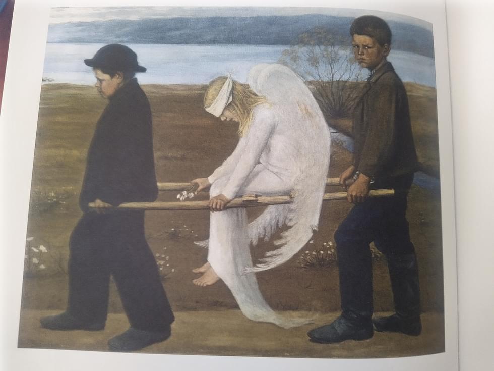 Hugo Simbergin Haavoittunut enkeli kuvattu Helena Ruuskan Simberg, Pirut ja enkelit -teoksen sivuilta. 