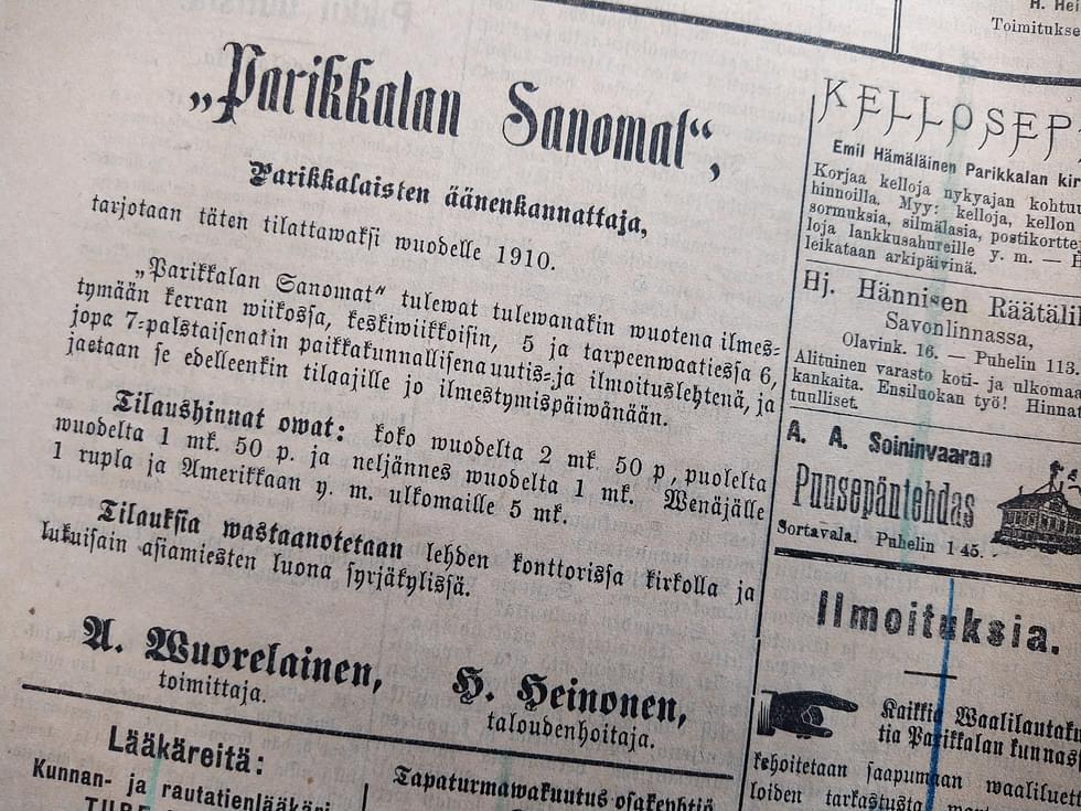 Parikkalan Sanomien etusivua vuodelta 1909. 
