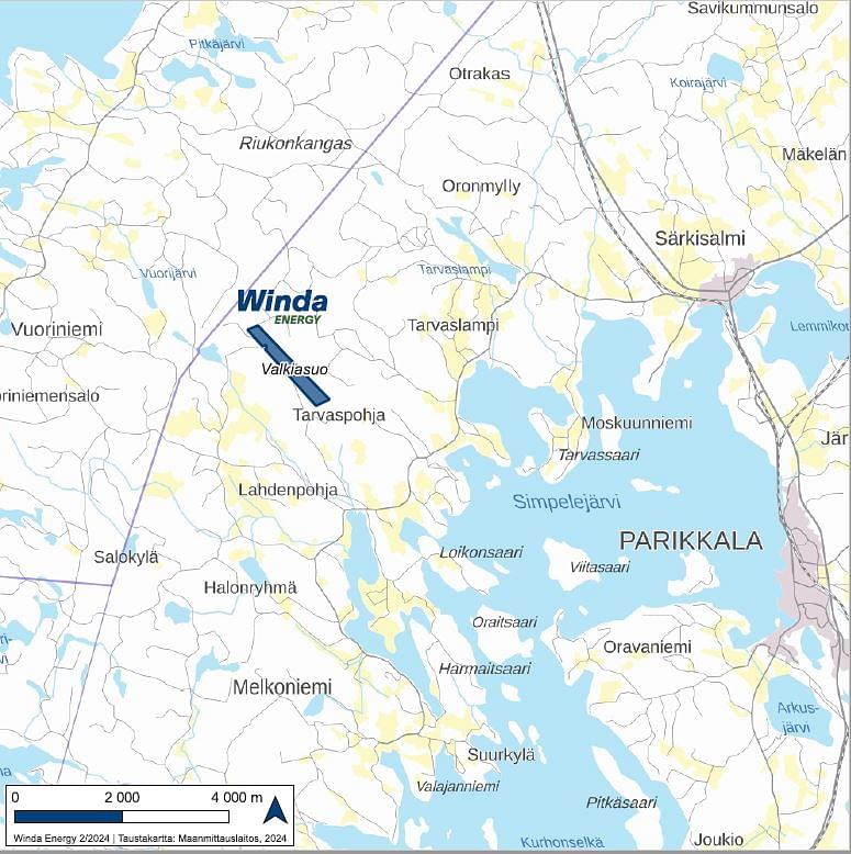 Voimala-alueen sijainti Parikkalan ja Särkisalmen taajamat sisältävässä kartassa.
