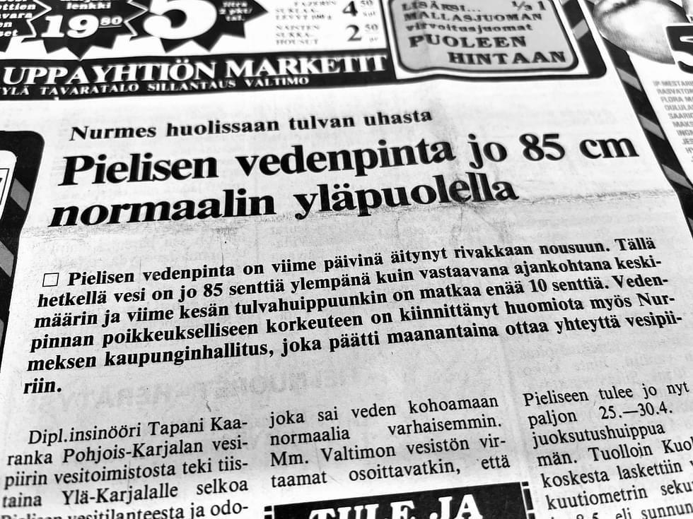 Pielisen vedenpinta jo 85 senttiä normaalin yläpuolella, kertoi otsikko Ylä-Karjalassa 12.5.1983.