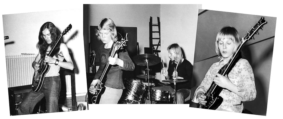 koostekuva Mojovan lisän ensimmäiseltä keikalta Kirkkokadun koululla keväällä 1974. Kuvassa vasemmalta Eero Soininen, Juha Eskelinen, Jari Närvä ja Otso Pakarinen.
